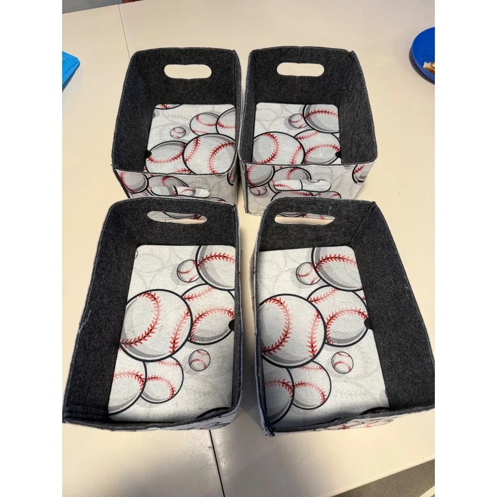 Set of 4 Baseball Felt Storage Bins Sports Nursery Playroom Toy Organizers